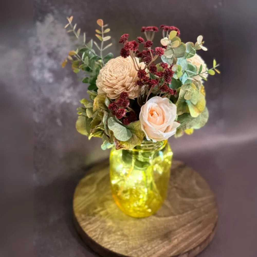 Farmhouse Wood Floral Arrangement in Mason Jar w/ LED Lights – Home Décor